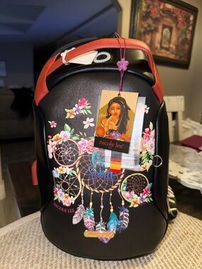 Nicole Lee Black Backpack with Multicolor Dreamcatcher Print and Coral Handle
